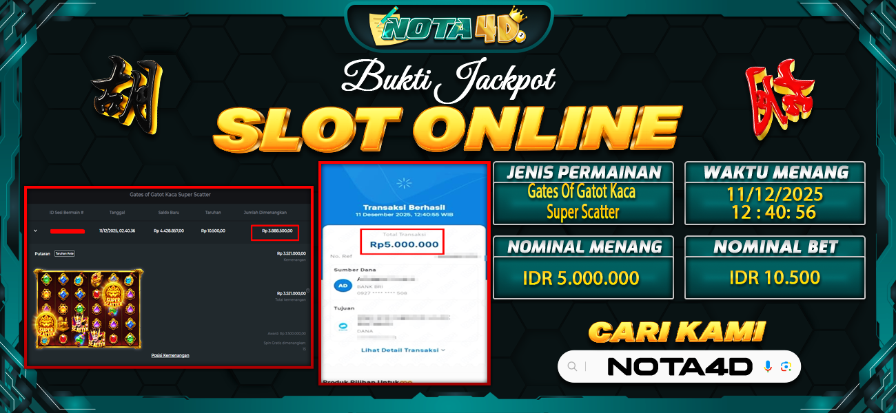 Bukti Kemenangan Besar Dibayar lunas Member NOTA4D RP 5.000.000, 12 Desember 2025