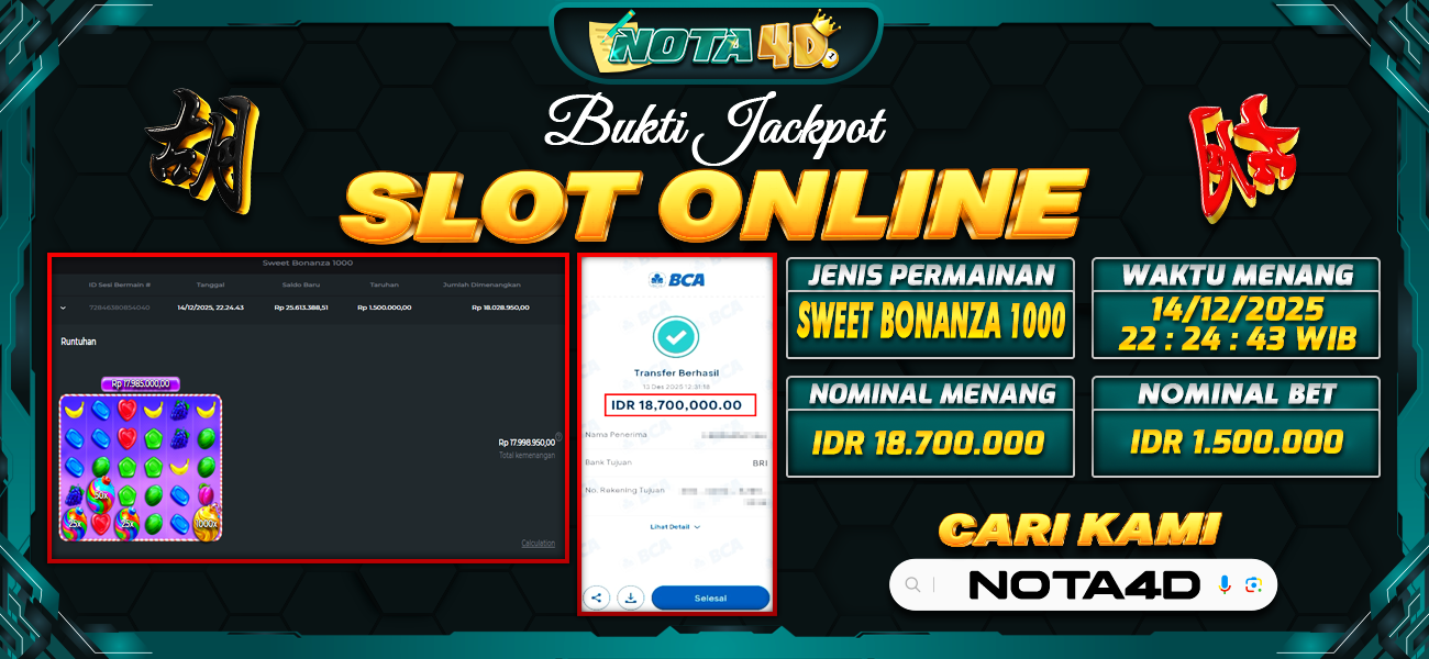 Bukti Kemenangan Besar Dibayar lunas Member NOTA4D RP 18.700.000, 14 Desember 2025