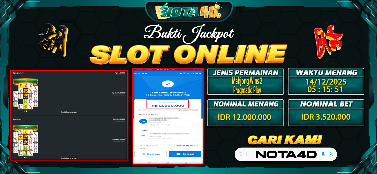 Bukti Kemenangan Besar Dibayar lunas Member NOTA4D RP 12.000.000, 15 Desember 2025